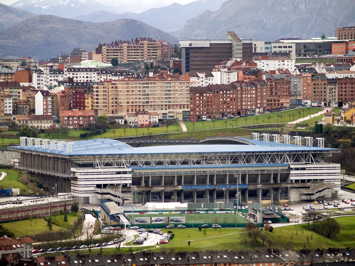 Estadio Carlos Tartiere, home of Real Oviedo, shown in a realistic editorial sports frame
